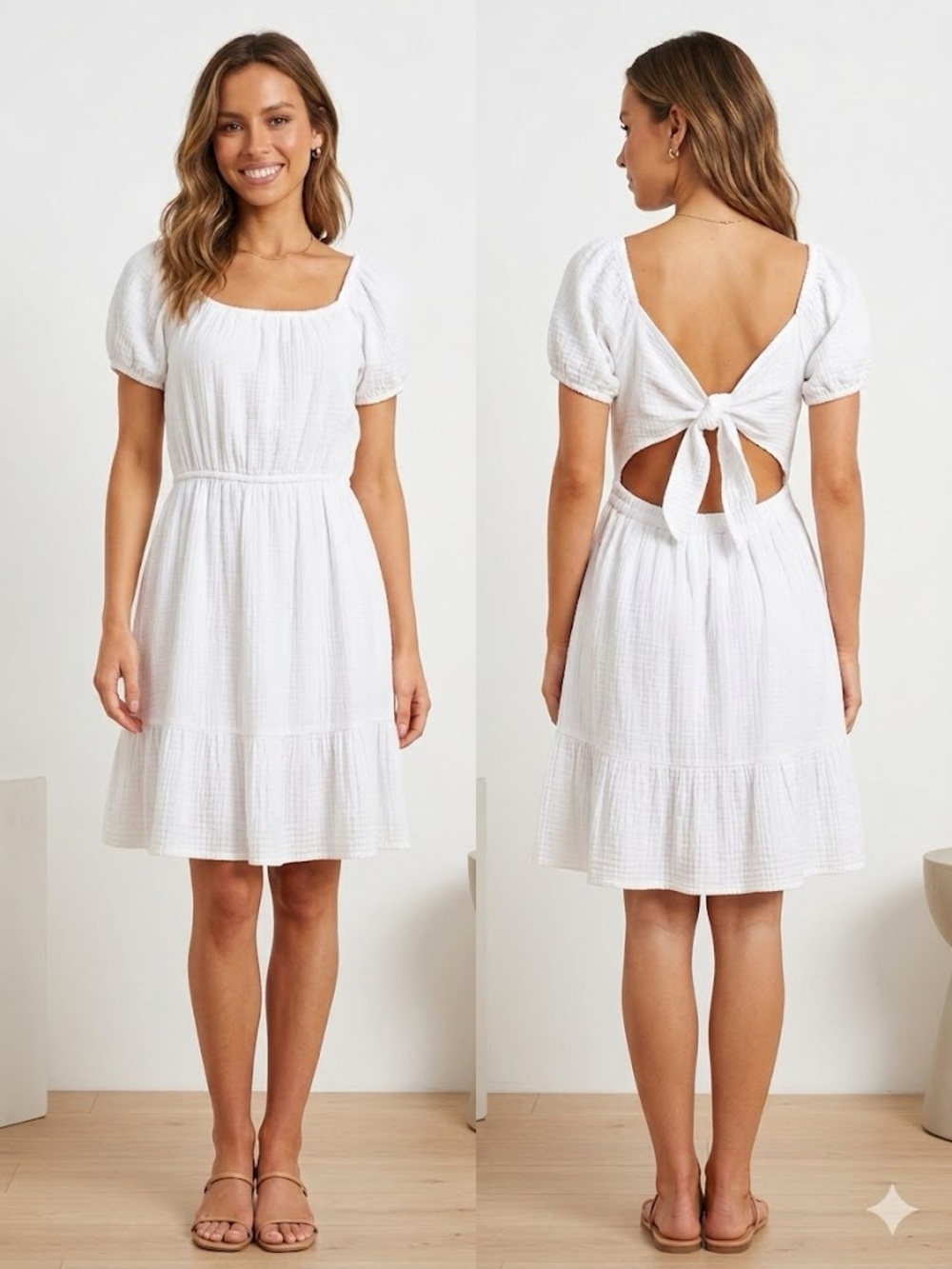 Japna White Open-Back Tie Cotton Gauze Dress with Puff Sleeves